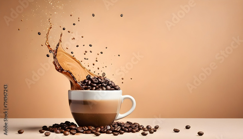 Cup of coffee with splashes and coffee beans flying in the air on light brown background, copy space for advertisement , commercials created with generative ai 