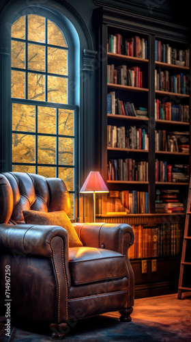 A cozy reading nook with a luxurious leather armchair, warm throw pillow, and a classic floor lamp, set against a window and bookshelf backdrop. © Asmodar