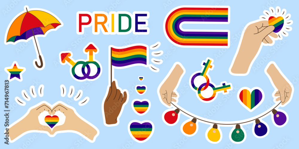 LGBT sticker pack on blue background. LGBTQ set. Symbol of the LGBT pride community. Rainbow elements.	