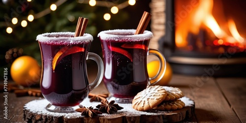 Hot spicy Christmas gluhwein, or mulled red wine with sugar and spices, served with cookies on rustic wood with a twinkling bokeh of party lights in the background photo
