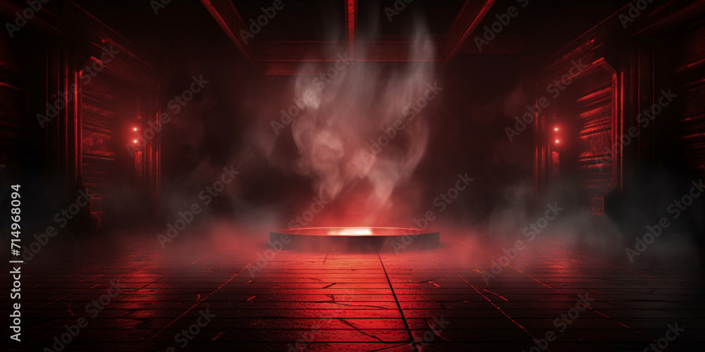 Dark stage with red background, neon lights, spotlights with stage background