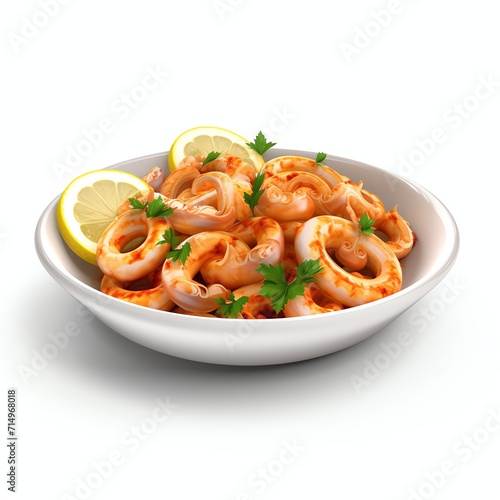 nice 3D clay icon of a greek calamari dish on a white background, with a soft shadow falling behind