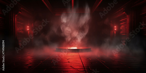 Dark stage with red background, neon lights, spotlights with stage background © Mustafa