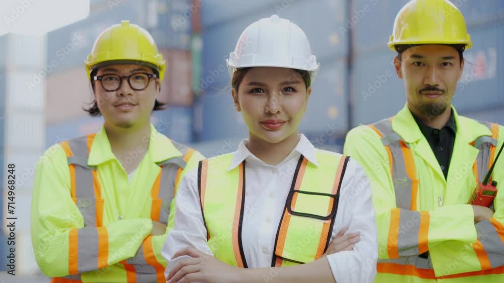 Three construction workers wearing safety gear and vests pose for a picture. The woman in the middle is wearing a yellow vest and a white shirt Three construction workers wearing safety gear and vests pose for a picture. The woman in the middle is wearing a yellow vest and a white shirt
