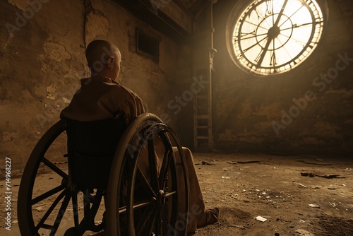 A person in a wheelchair sitting in a dark room with a clock on the wall Generative AI