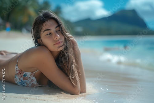 young  woman sunbathing on the sand of the beach on her summer holidays