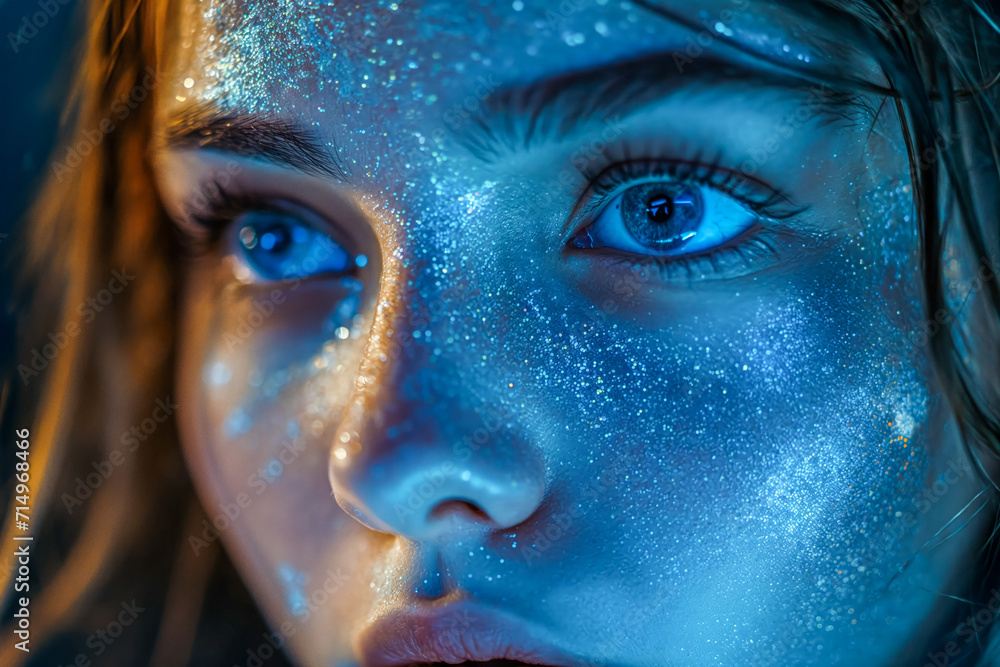 Sapphire Dreams: Woman with a Luminous Blue Stardust Veil