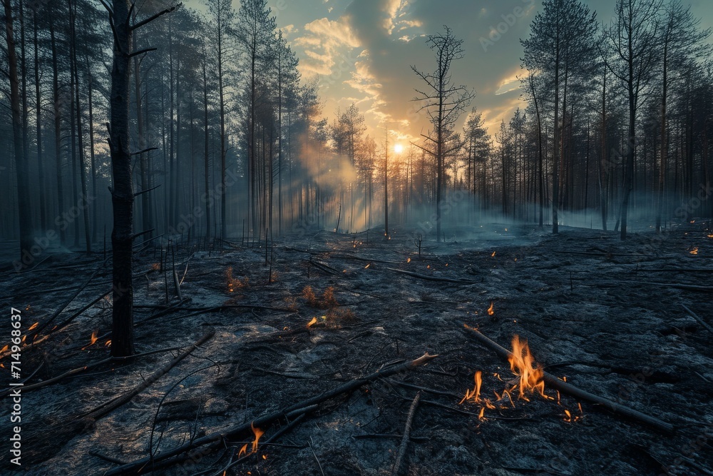 ashes of burnt forest trees at sunset