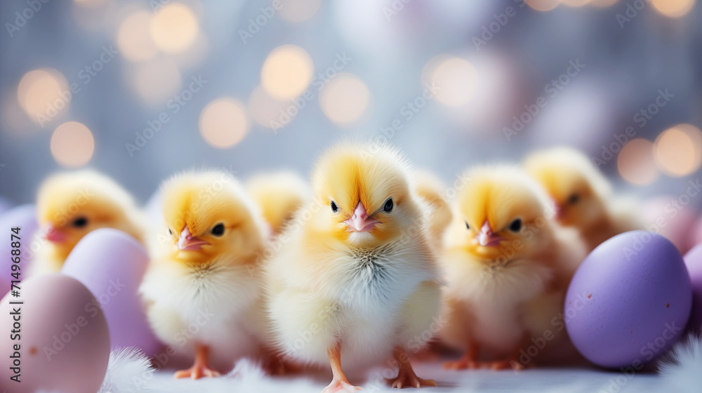 Fluffy yellow chicks next to pastel colored Easter eggs on a festive background with soft focus