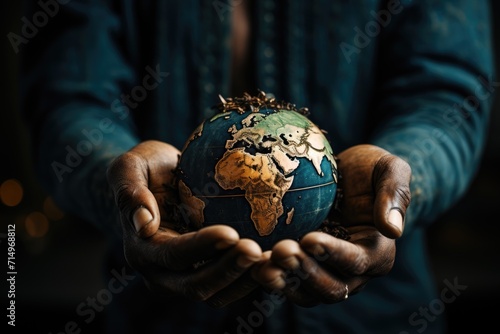 An image featuring the Earth cradled in a pair of gentle, mending hands, symbolizing the collective responsibility and care needed to repair the planet 