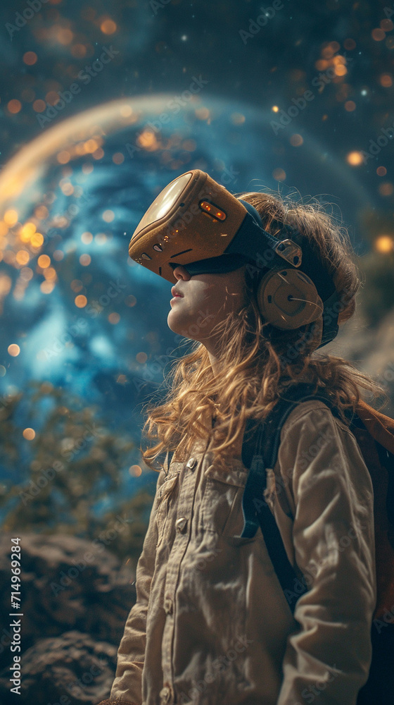 Beautiful young girl using VR helmet while touching air in colorful neon lights. Girl in glasses of virtual reality with flowing hair over dark magic space background. AI Generative Beautiful young girl using VR helmet while touching air in colorful neon lights. Girl in glasses of virtual reality with flowing hair over dark magic space background. AI Generative