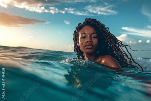 young black woman swimming happily  in the water of a relaxing tropical sea 