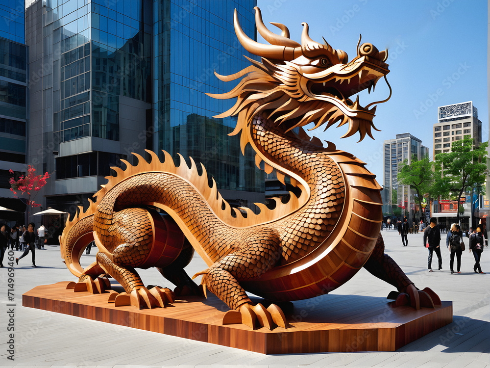 Fototapeta premium Dragon Majesty Unveiled: A Breathtaking Chinese New Year Art Installation Featuring a Seamless Wooden Dragon Sculpture at the Heart of the Cityscape. generative AI
