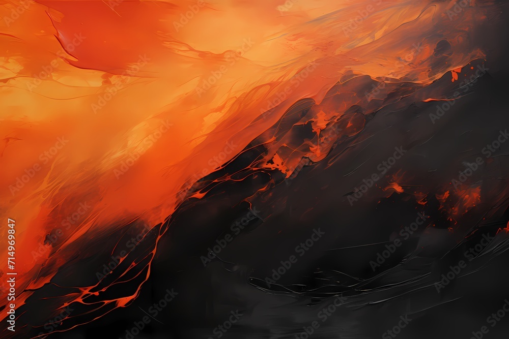 A tapestry of onyx black and fiery orange brushstrokes creating a dramatic and intense abstract masterpiece.