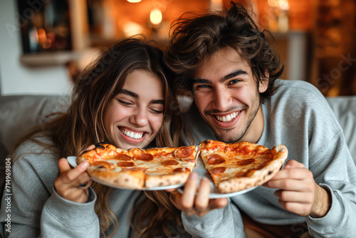 Happy couple in a cafe eating pizza