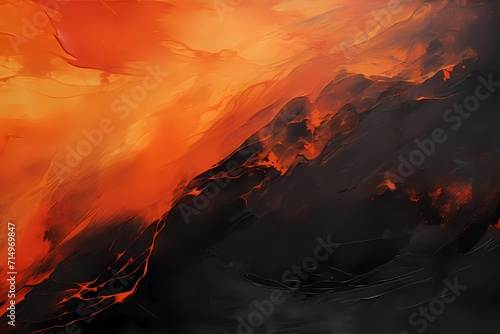 A tapestry of onyx black and fiery orange brushstrokes creating a dramatic and intense abstract masterpiece.