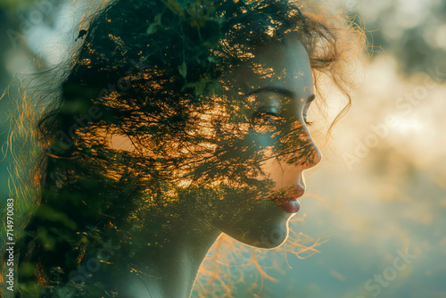 Sunlit Dreams: Female Profile with Dappled Light Through Trees