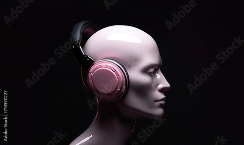 Profile of a man listening to music on headphones dark background