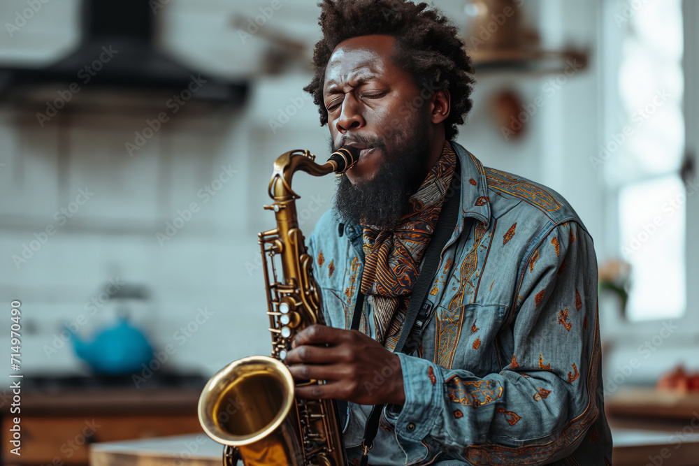 An African-American musician plays the saxophone in the kitchen of a house - obrazy, fototapety, plakaty 