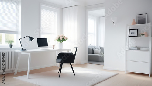 Modern interior of workplace in light colour with desk, computer, and chair. 
