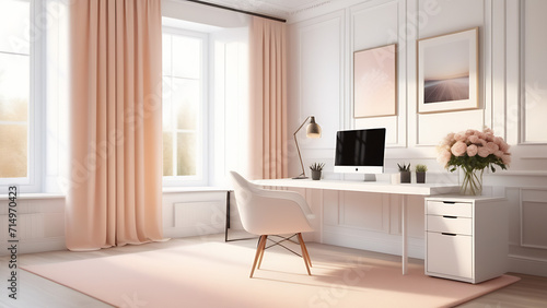 Modern interior of workplace in light peach colour, neoclassic style