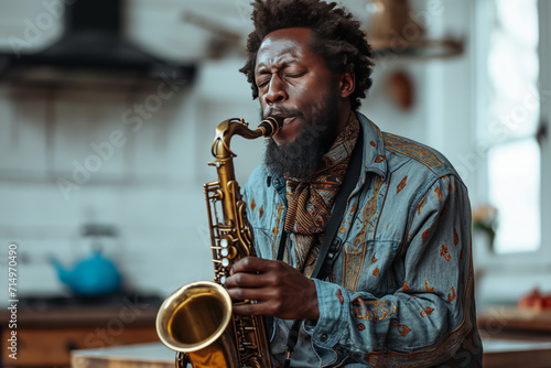An African-American musician plays the saxophone in the kitchen of a house photo