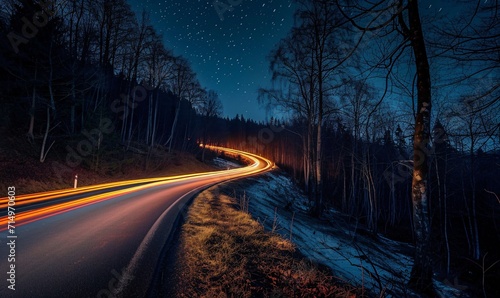 A dark road with a blurry car speeding down it Generative AI