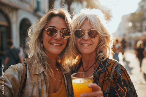 Senior mother with adult daughter drinking juice
