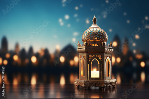 Lantern on wooden table with bokeh background. Ramadan Kareem concept © Sahil