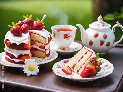 Strawberry cake with a slice served on a plate, accompanied by a strawberry themed teapot and cup of tea. Generative AI.