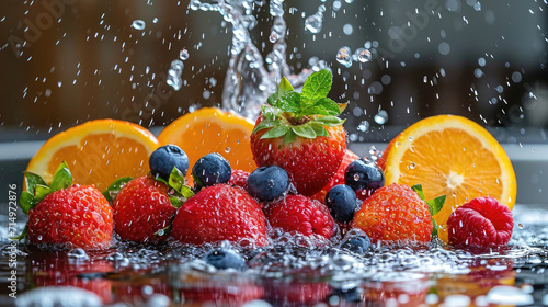 Vibrant berries and citrus fruits caught in a water splash.