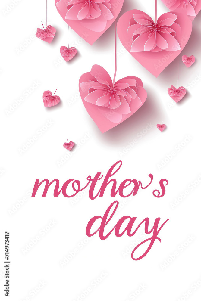Mother's day greeting card banner with flying pink paper hearts Love symbols