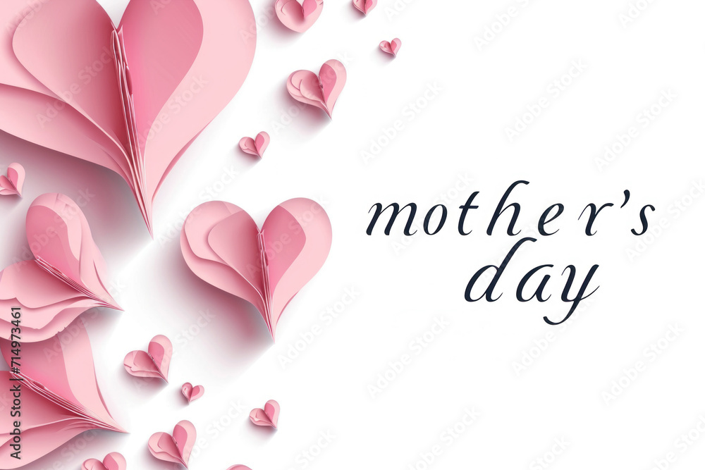 Mother's day greeting card banner with flying pink paper hearts Love symbols