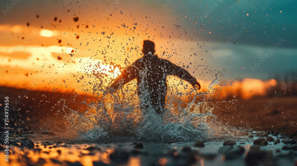A person's silhouette creating a water splash at sunset.