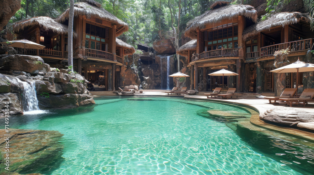 Luxurious eco-resort with a natural swimming pool in a jungle setting.