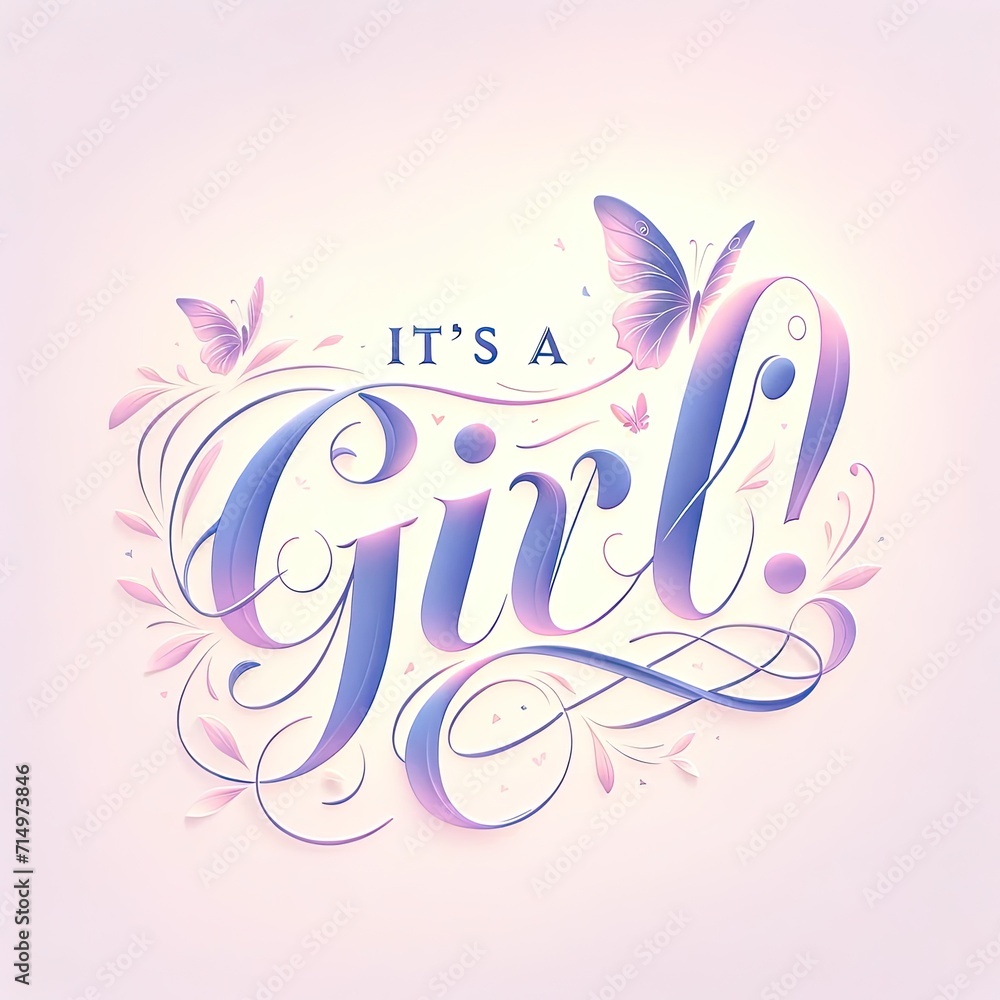 It's a Girl Calligraphy with Butterflies and Swirls