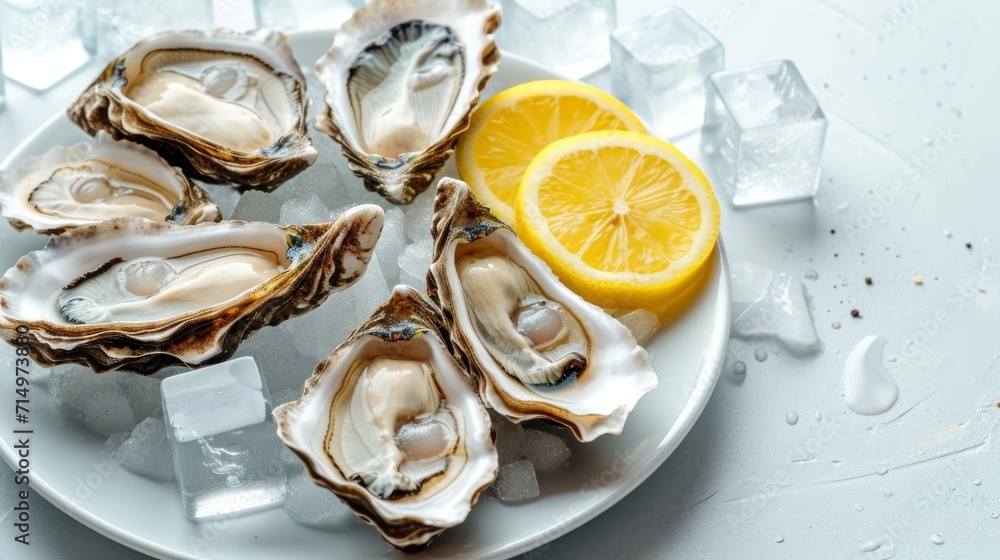 Fresh oysters with ice and lemon slices, top view on a textured background. Fresh oysters with ice and lemon slices, top view on a textured background.