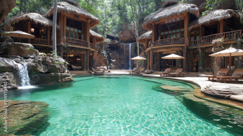 Luxurious eco-resort with a natural swimming pool in a jungle setting. © Tiz21