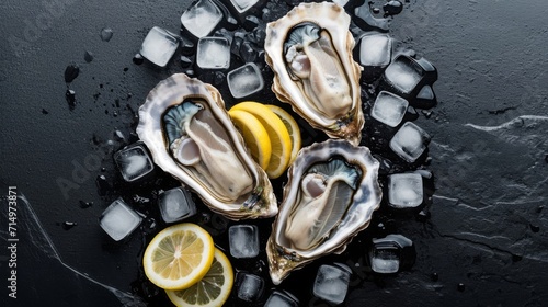 Oysters on ice with lemon slices and herbs on a dark slate background. photo