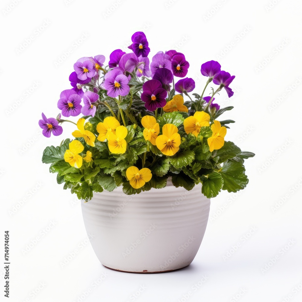 Flower pot with yellow and purple flowers isolated on white background
