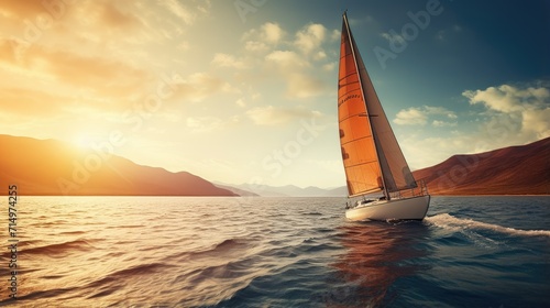 A yacht against a backdrop of mountains and calm sea. Active vacation concept. Sailing vessel at sunset. Illustration for cover, card, postcard, interior design, banner, poster, brochure, presentation © Login
