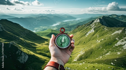 Compass in man's hand in front of summer mountain landscape with green hills and cloudscape
