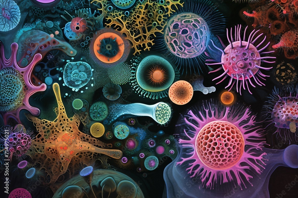 A vibrant and colorful collection of microscopic organisms Generative AI