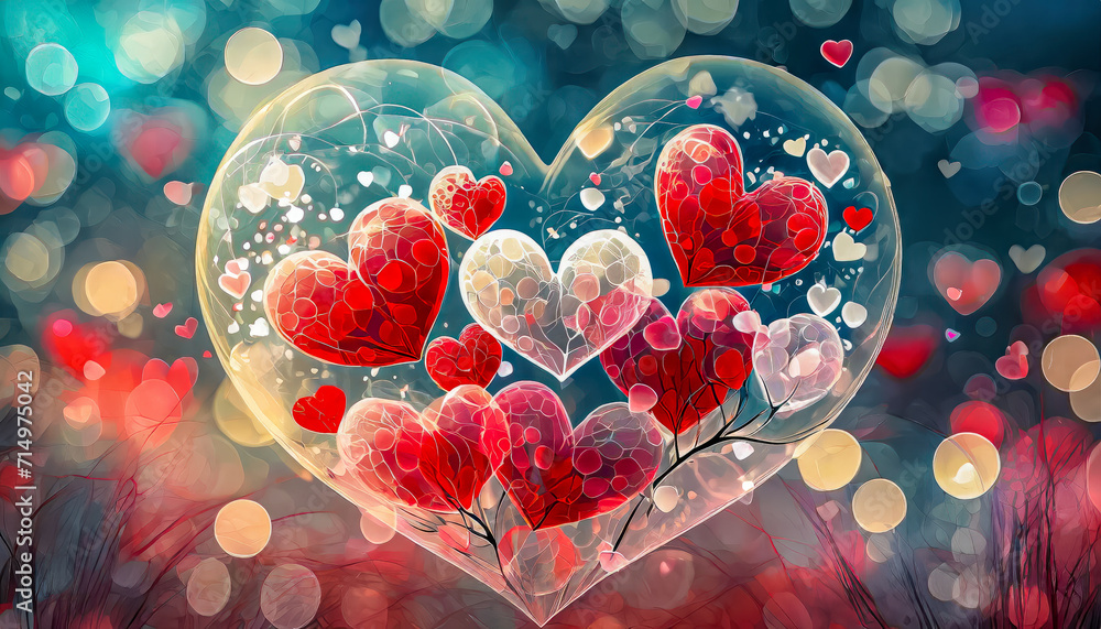 Coeur translucide rempli de coeurs rouge et blancs avec un magnifique bokeh, Saint Valentin, mariage, sentiment d'amour et de romantisme - obrazy, fototapety, plakaty 