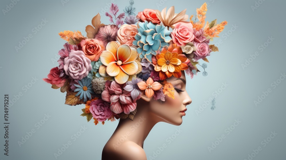 Mental wellbeing and mindfulness concept with brain blooming with flowers