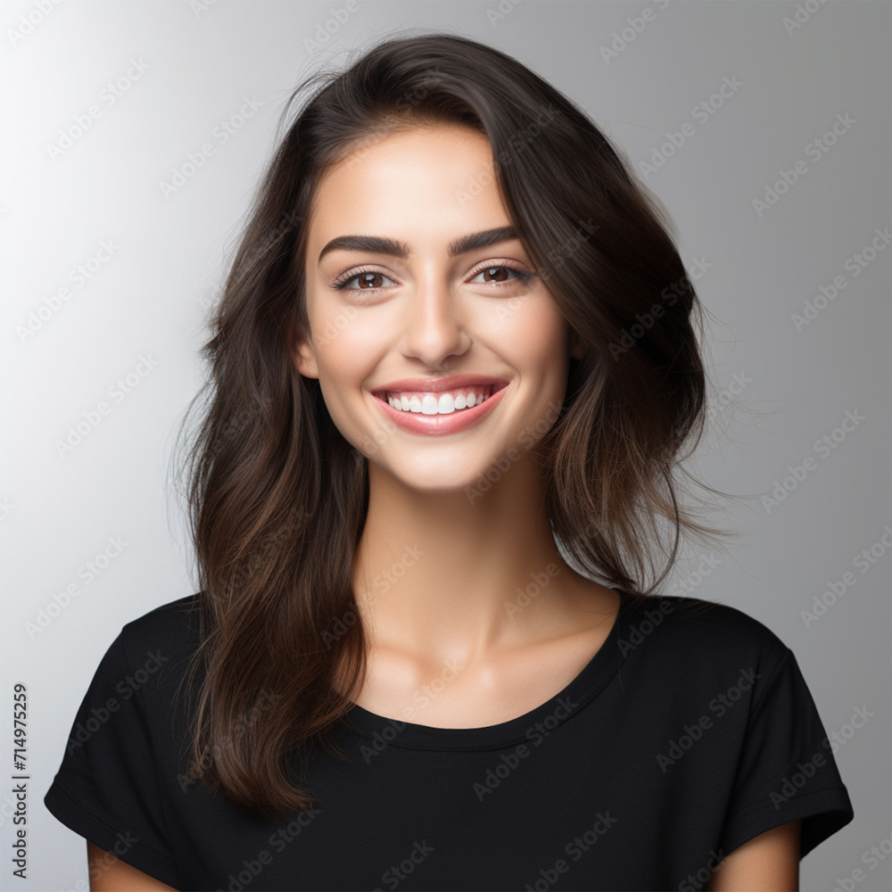 Studio portrait headshot of a woman. Black shirt, white background. Dental ad, hair studio ad Studio portrait headshot of a woman. Black shirt, white background. Dental ad, hair studio ad