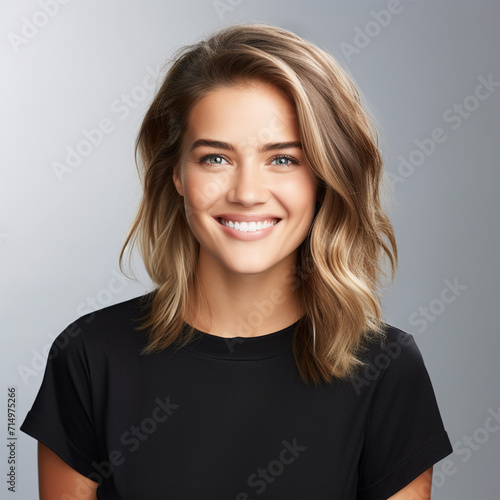Studio portrait headshot of a woman. Black shirt, white background.  Dental ad, hair studio ad © Natasha