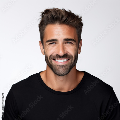 Young man portrait. Professional male headshot. White background and black shirt.