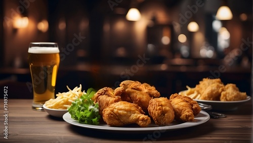A close-up photo of a plate of crispy fried chicken wings and a frosty glass of beer on a dark wooden table. The chicken wings are golden brown and glistening with sauce. photo