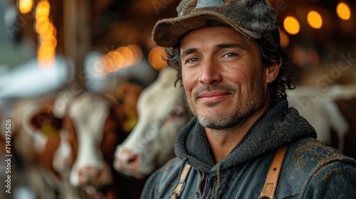 Dedicated Dairy Farmer Engaged in Milking Cows Inside a Traditional Barn Setting